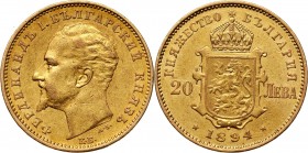 Bulgaria, Ferdinand I, 20 Leva 1894 Gold 6,42 g.
 Złoto 6,42 g. Połyskowy egzemplarz.
Reference: Friedberg 3
Grade: XF- 

Bulgaria