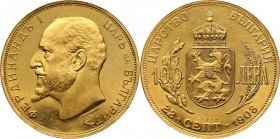 Bulgaria, Ferdinand I, 100 Leva 1912 Gold 32,22 g.
 Złoto 32,22 g.
Reference: Friedberg 5
Grade: XF 

Bulgaria