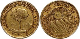 Central American Republic, 2 Escudos 1850 CR JB Gold. Small scratches on surface. Mintage: 7432 pcs.
 Złoto. Drobne rysy w tle. Nakład: 7432 sztuki. ...