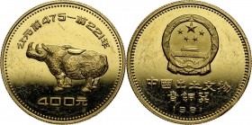 China, 400 Yuan 1981, Chinese Bronze Age Finds - Rhinoceros Mintage: 1000 pcs. Gold 17,05 g. Scratches and hairlines.
 Złoto 17,05 g. Nakład: 1000 sz...