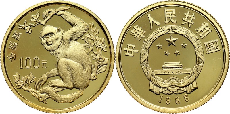 China, 100 Yuan 1988, Golden Monkey Gold 8 g. Złoto 8 g. Reference: KM #214
Gra...