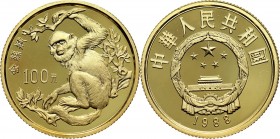 China, 100 Yuan 1988, Golden Monkey Gold 8 g. Złoto 8 g. Reference: KM #214
Grade: Proof 

China