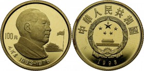 China, 100 Yuan 1993, Mao Zedong Gold 11,26 g. Hairlines.
 Złoto 11,26 g. Niewielkie mikroryski.
Reference: Friedberg 79, KM #538
Grade: Proof/Proo...