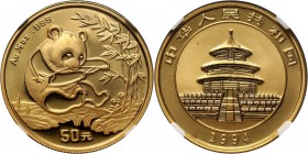 China, 50 Yuan 1994, Panda, 1/2 oz gold, large date Very nice coin. Pięknie zachowana moneta.
Reference: Friedberg B5
Grade: NGC MS69 

China