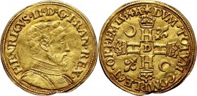 France, Henry II, Henri d'or 1554 D, Lyon Gold 3,56 g. Flan defect.&nbsp;
 Złoto 3,56 g. Niewielka wada krążka. Rzadki typ monety. Ładnie zachowany e...