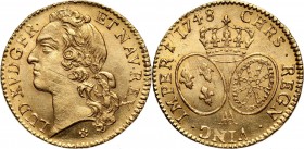 France, Louis XV, Louis d'or 1748 AA, Metz Gold 8,14 g.
 Złoto 8,14 g. Pięknie zachowany.
Reference: Gadoury 341, Friedberg 464
Grade: AU 

Franc...