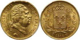 France, Louis XVIII, 40 Francs 1818 W, Lille Gold. Beautiful coin. Złoto. Piękna moneta. Reference: Friedberg 536
Grade: PCGS MS62 

France