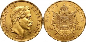 France, Napoleon III, 100 Francs 1869 A, Paris Gold 32,24 g.
 Złoto 32,24 g.
Reference: Friedberg 580
Grade: XF 

France
