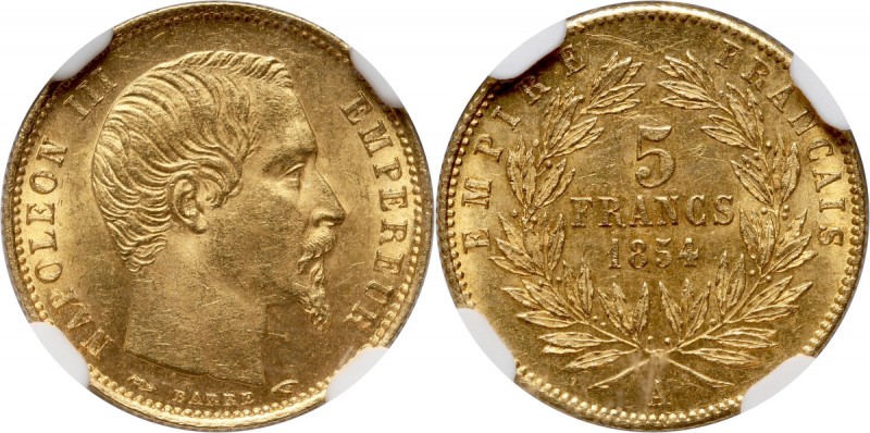 France, Napoleon III, 5 Francs 1854 A, Paris Gold. Reeded edge.
 Złoto. Odmiana...