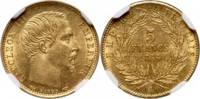 France, Napoleon III, 5 Francs 1854 A, Paris Gold. Reeded edge.
 Złoto. Odmiana z ząbkowanym rantem. Pierwszy, rzadki rocznik bicia złotych 5 franków...