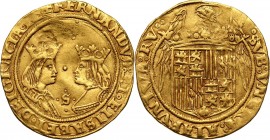Spain, Ferdinand V and Isabel I, 2 Excelentes ND (1476-1516) S, Seville Gold 6,90 g. Dent on obverse. Scarce.
 Złoto 6,90 g.&nbsp;
Reference: Friedb...