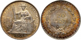 French Indochina, 20 Cents 1901 A, Paris Very nice coin.
 Bardzo ładny egzemplarz.
Reference: KM #10
Grade: UNC/AU