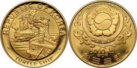 South Korea, 5000 Won 1970, Turtle Ship, Valcambi mint Gold 19,38 g. Mintage: 670 pcs. Tiny hairlines. Scarce coin.
 Złoto 19,38 g. Nakład: 670 sztuk...
