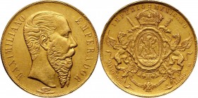 Mexico, Maximilian, 20 Pesos 1866 Mo, Mexico City Gold 33,71 g.
Złoto 33,71 g. Rzadkie i ładnie zachowane. Dołączona stara etykieta aukcyjna. Referen...
