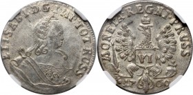 Russia, Elizabeth I, Coins for Prussia, 6 Groschen 1760, Koenisberg Rzadkie w tak dobrym stanie zachowania. Reference: Bitkin 713 (R)
Grade: NGC AU58...