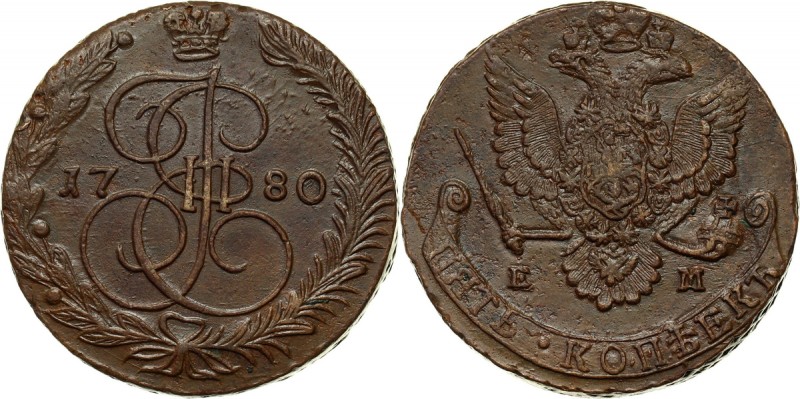 Russia, Catherine II, 5 Kopecks 1780 EM, Ekaterinburg Ładnie zachowane. Referenc...