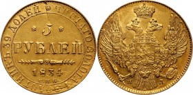Russia, Nicholas I, 5 Roubles 1834 СПБ ПД, St. Petersburg Gold 6,46 g.
 Złoto 6,46 g.
Reference: Bitkin 9, Friedberg 155
Grade: XF 

Russia to 19...
