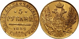 Russia, Nicholas I, 5 Roubles 1839 СПБ АЧ, St. Petersburg Gold 6,54 g. Złoto 6,54 g. Reference: Bitkin 16, Friedberg 155
Grade: XF 

Russia to 1917...