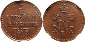 Russia, Nicholas I, 1/2 Kopeck 1842 СПМ, Izhora Pięknie zachowane. Reference: Bitkin 838
Grade: NGC MS63 BN 

Russia to 1917