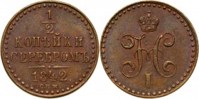 Russia, Nicholas I, 1/2 Kopeck 1842 СПМ, Izhora Reference: Bitkin 838
Grade: XF 

Russia to 1917