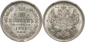 Russia, Alexander III, 20 Kopecks 1891 СПБ АГ, St. Petersburg Beautiful coin.
 Pięknie zachowane.
Reference: Bitkin 110
Grade: PCGS MS64 

Russia...