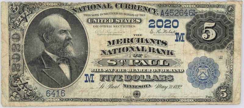 USA, National Currency, Minnesota, Merchants National Bank of Saint Paul, 5 Doll...