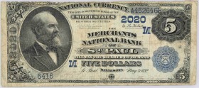 USA, National Currency, Minnesota, Merchants National Bank of Saint Paul, 5 Dollars 1882 Numer A452646 / M6416 / 2020. Odmiana z datami na rewersie. P...