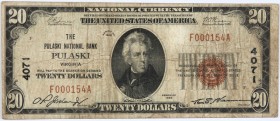 USA, National Currency, Virginia, The Pulaski National Bank, 20 Dollars 1929 Numer F000154A / 4071, brązowa pieczęć. Ciekawy banknot z miejscowości na...