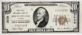 USA, National Currency, Illinois, First National Bank of Mount Pulaski, 10 Dollars 1929 Numer F000189A / 3839, brązowa pieczęć. Ciekawy banknot z miej...