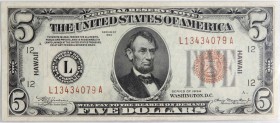 USA, 5 Dollars 1934, Hawaii, Series L Numer 134344079 A. Podpisy Julian i Morgenthau. Rzadki typ banknotu.
Reference: Friedberg 2301
Grade: CGA 66 ...