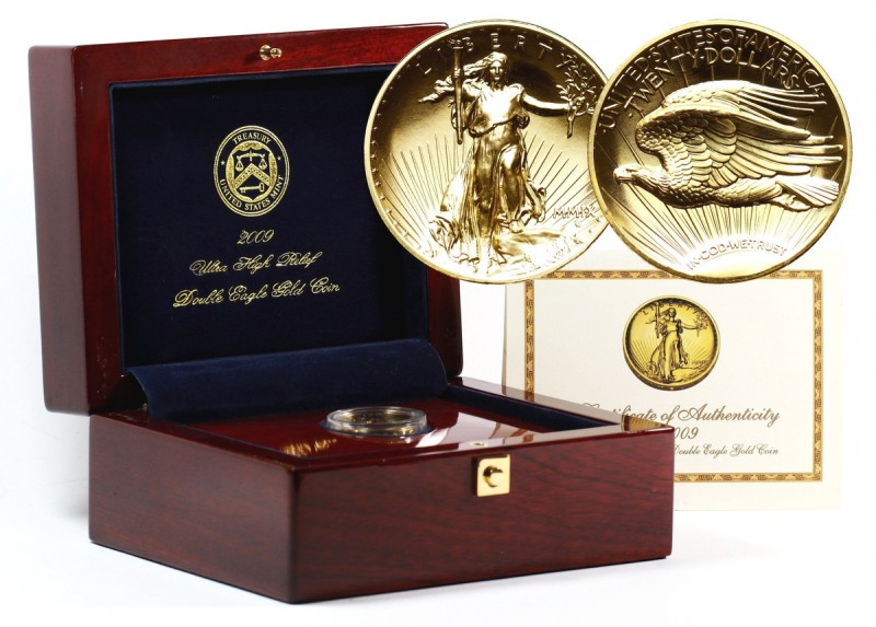 USA, 20 Dollars 2009, Ultra High Relief Gold (1 oz). Original wooden box, certif...