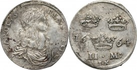 Sweden, Charles XI, 2 Mark 1664, Stockholm Silver 10,51 g. Very rare type with right-facing portrait&nbsp; Srebro 10,51 g. Bardzo rzadka odmiana z por...