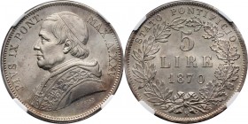 Vatican, Pius IX, 5 Lire 1870-XXV R, Rome Beautiful coin. Pięknie zachowane. Reference: KM #1385
Grade: NGC MS63 

Vatican