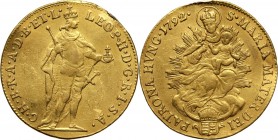 Hungary, Leopold II, Ducat 1792, Kremnitz Gold 3,47 g. Ex-mounted. Loop removed.
 Złoto 3,47 g. Ślad po zawieszce.
Reference: Friedberg 205, Huszar ...