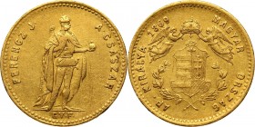 Hungary, Franz Joseph I, Ducat 1869 GY.F., Karlsburg Gold 3,46 g.
 Złoto 3,46 g.
Reference: Friedberg 238
Grade: VF+ 

Hungary