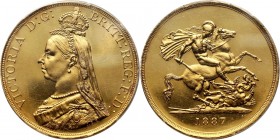 Great Britain, Victoria, 5 Pounds 1887, London Gold 39,90 g. Rim dents.
 Złoto. Pięknie zachowana moneta.
Reference: Friedberg 390, Seaby 3864
Grad...