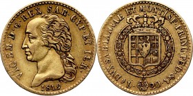 Italy, Sardinia, Vittorio Emanuele II, 20 Lire 1819, Torino Gold. Scarce coin. Złoto. Rzadszy typ monety.
Reference: Friedberg 1128
Grade: VF 

It...