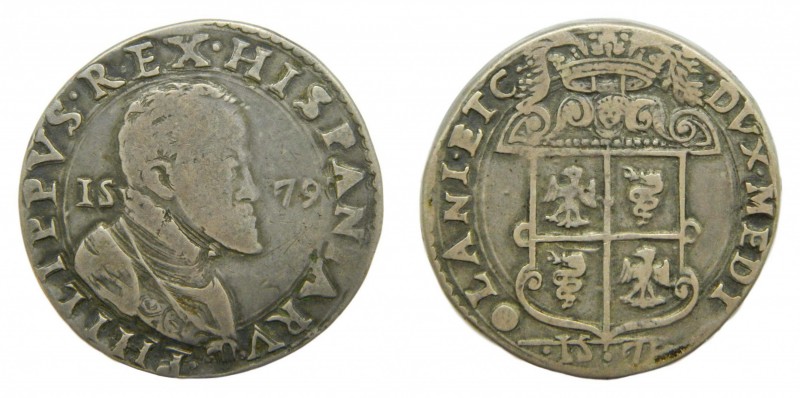 Felipe II (1556-1598). 1579. Escudo. Milán. (Vti. 48). 28,78 gr Ag. Pátina oscur...