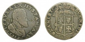 Felipe II (1556-1598). 1579. Escudo. Milán. (Vti. 48). 28,78 gr Ag. Pátina oscura. RARA.
mbc