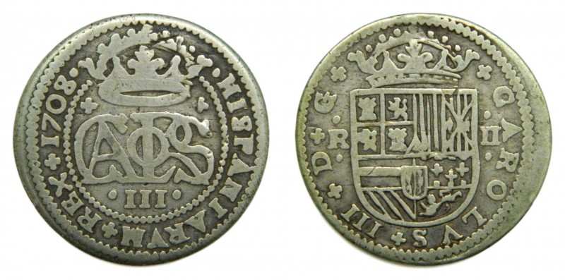 Carlos III Pretendiente ( 1700-1714). 1708. 2 Reales. Barcelona. (AC 29) 4,62 gr...