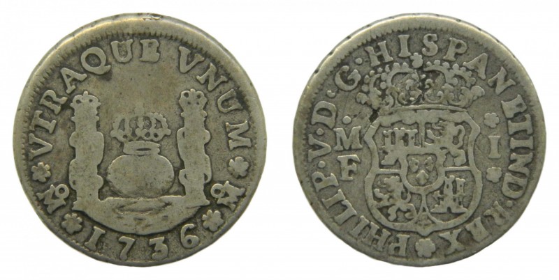 Felipe V (1700-1746). 1736 MF. 1 real. México (AC 511). Columnario. 3,07 gr. Ag....