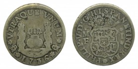 Felipe V (1700-1746). 1736 MF. 1 real. México (AC 511). Columnario. 3,07 gr. Ag.
bc
