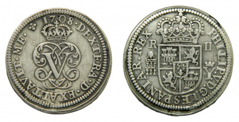 Felipe V (1700-1746). 1708 Y. 2 reales. Segovia (AC 942). La corona divide la fe...