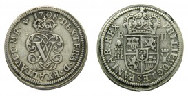 Felipe V (1700-1746). 1708 Y. 2 reales. Segovia (AC 942). La corona divide la fecha. Agujero tapado. 5,19 gr. Ag.
mbc
