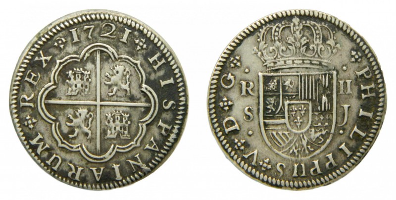 Felipe V (1700-1746). 1721 J. 2 reales. Sevilla. (AC 979). 5,82 gr. Ag.
mbc+
