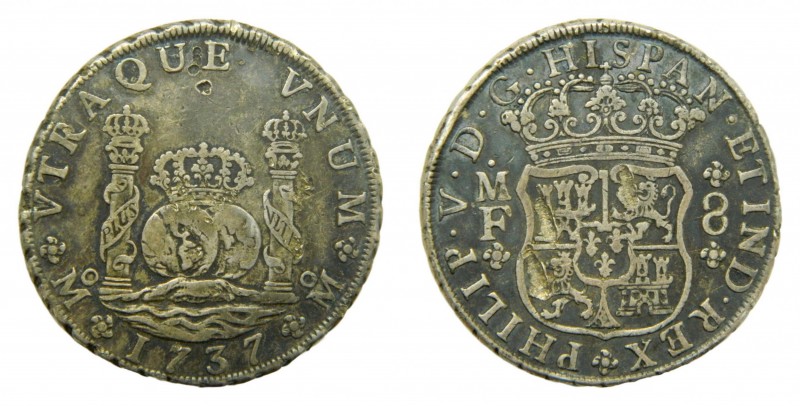Felipe V (1700-1746). 1737 MF. 8 reales. México. (AC 1446). Columnario. 26,69 gr...