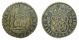 Felipe V (1700-1746). 1737 MF. 8 reales. México. (AC 1446). Columnario. 26,69 gr. Ag. Leves marquitas.
mbc