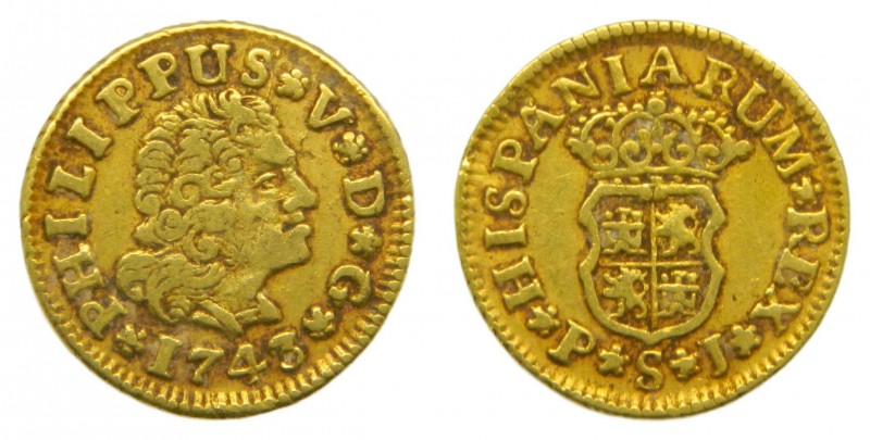 Felipe V (1700-1746). 1743/2 PJ. 1/2 escudo. Sevilla. (AC 1645). 1,75 gr. Au.
m...