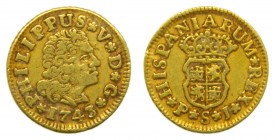Felipe V (1700-1746). 1743/2 PJ. 1/2 escudo. Sevilla. (AC 1645). 1,75 gr. Au.
mbc