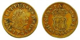 Felipe V (1700-1746). 1745 PJ. 1/2 escudo. Sevilla. (AC 1651). 1,75 gr. Au.
mbc